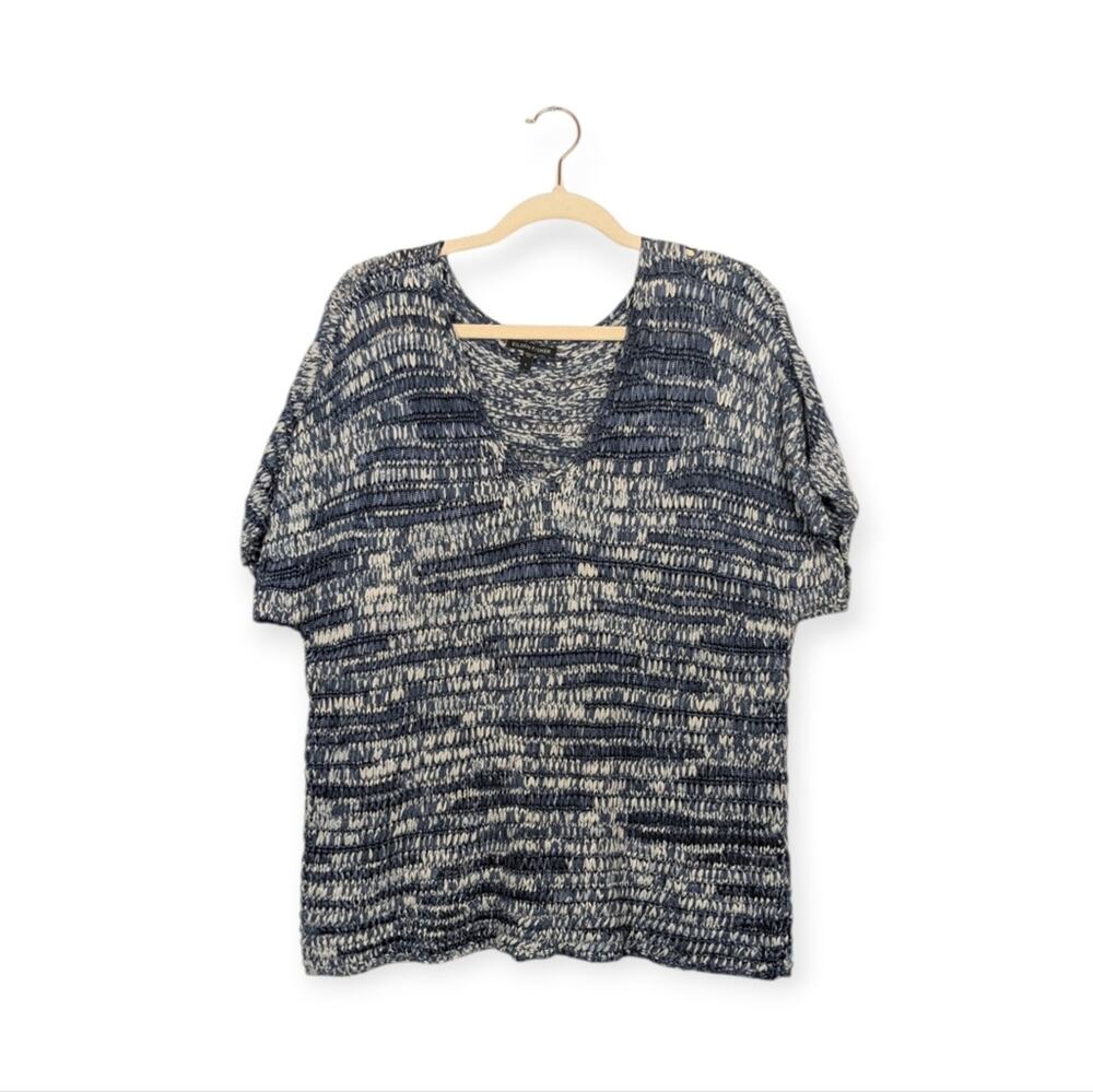 Eileen Fisher Knit Top L Blue V Neck Short Sleeve Minimalist Casual